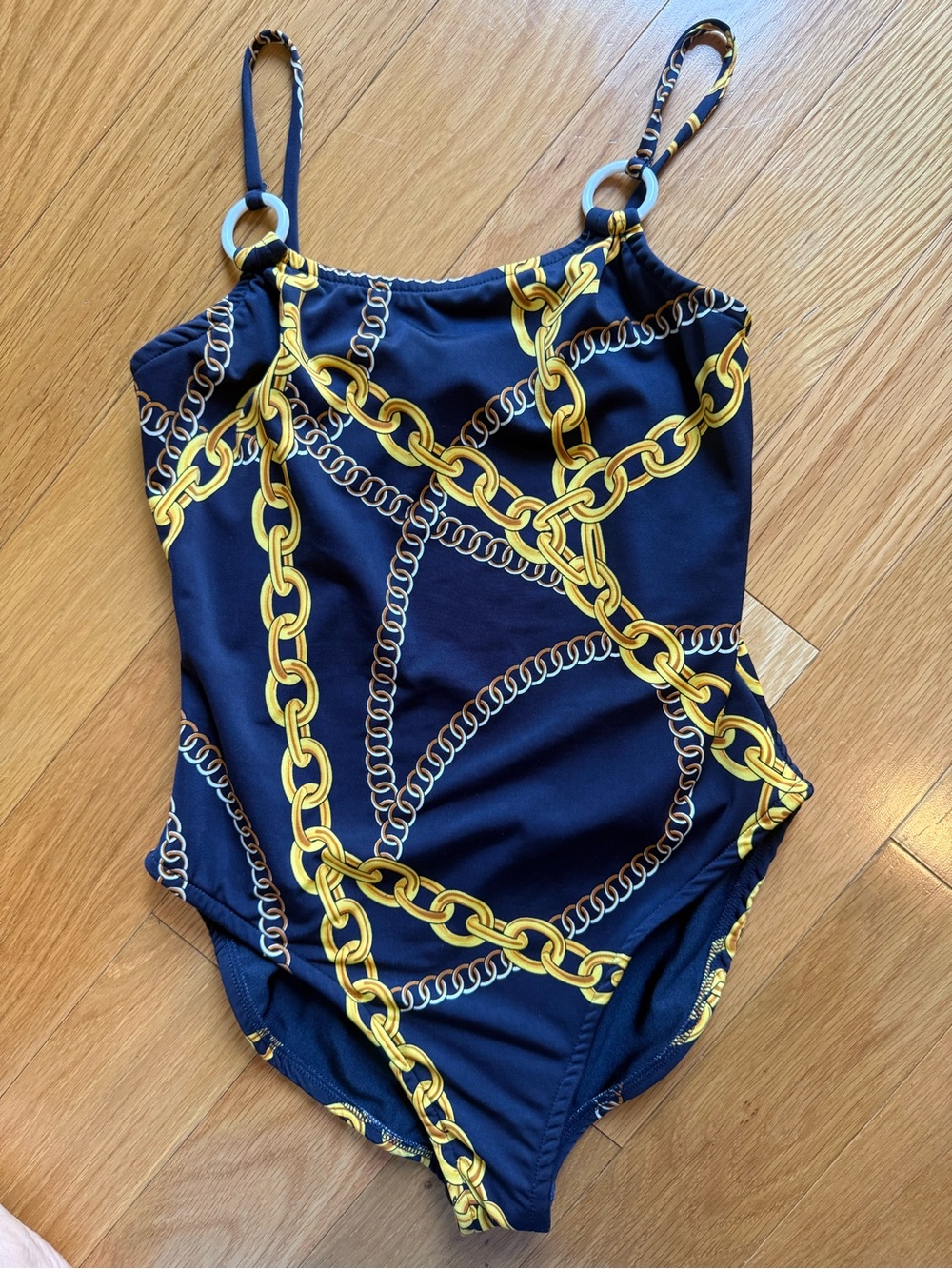 Girls Navy One-Piece Swimsuit with Gold Chain Print